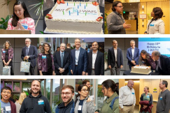 A collage of candid and staged photos from the event, featuring speakers, a cake, and attendees