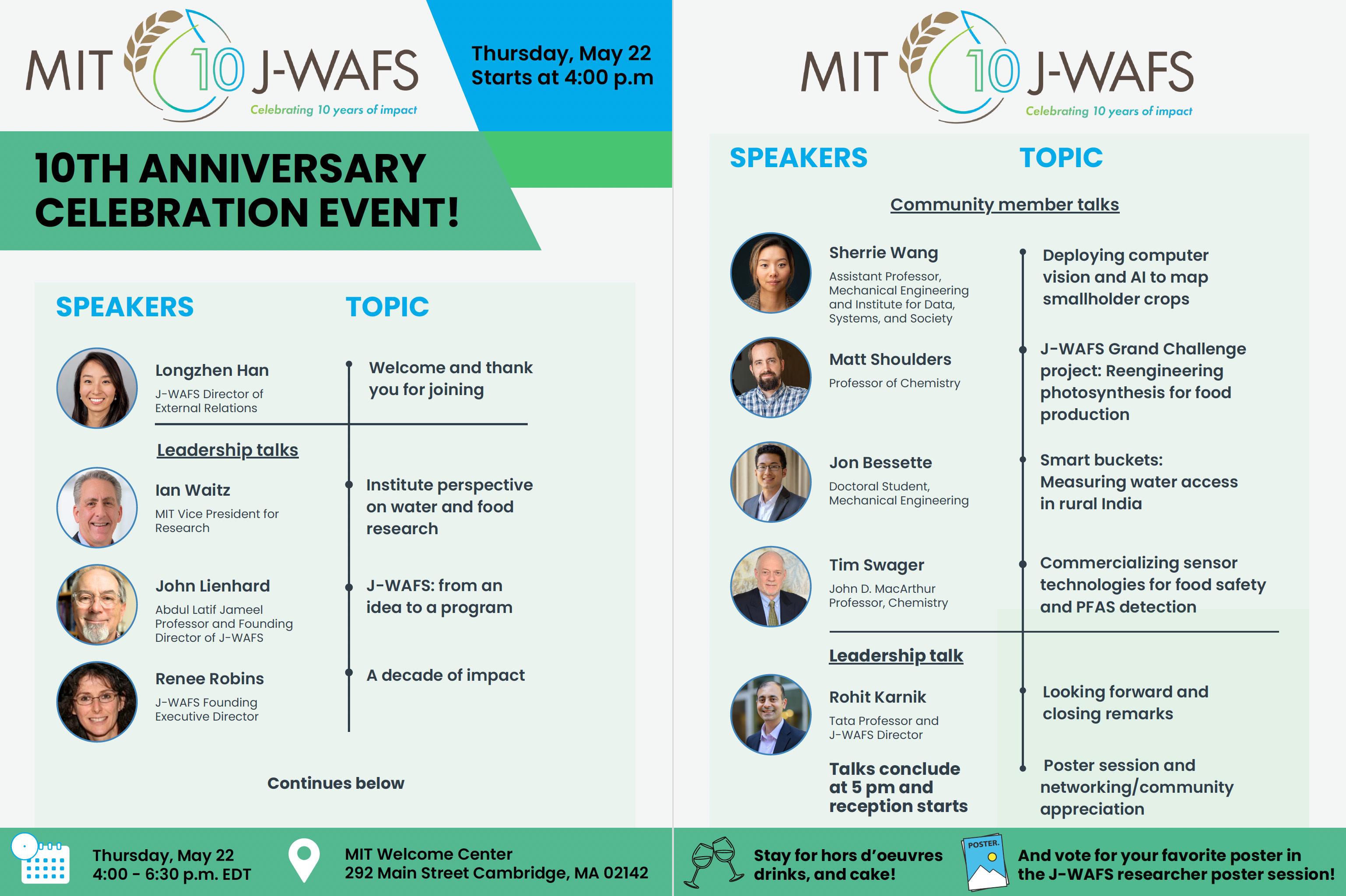 Agenda for the event with small circular photos of each speaker and the topic of their speech, branded with the J-WAFS 10 year anniversary logo and colors
