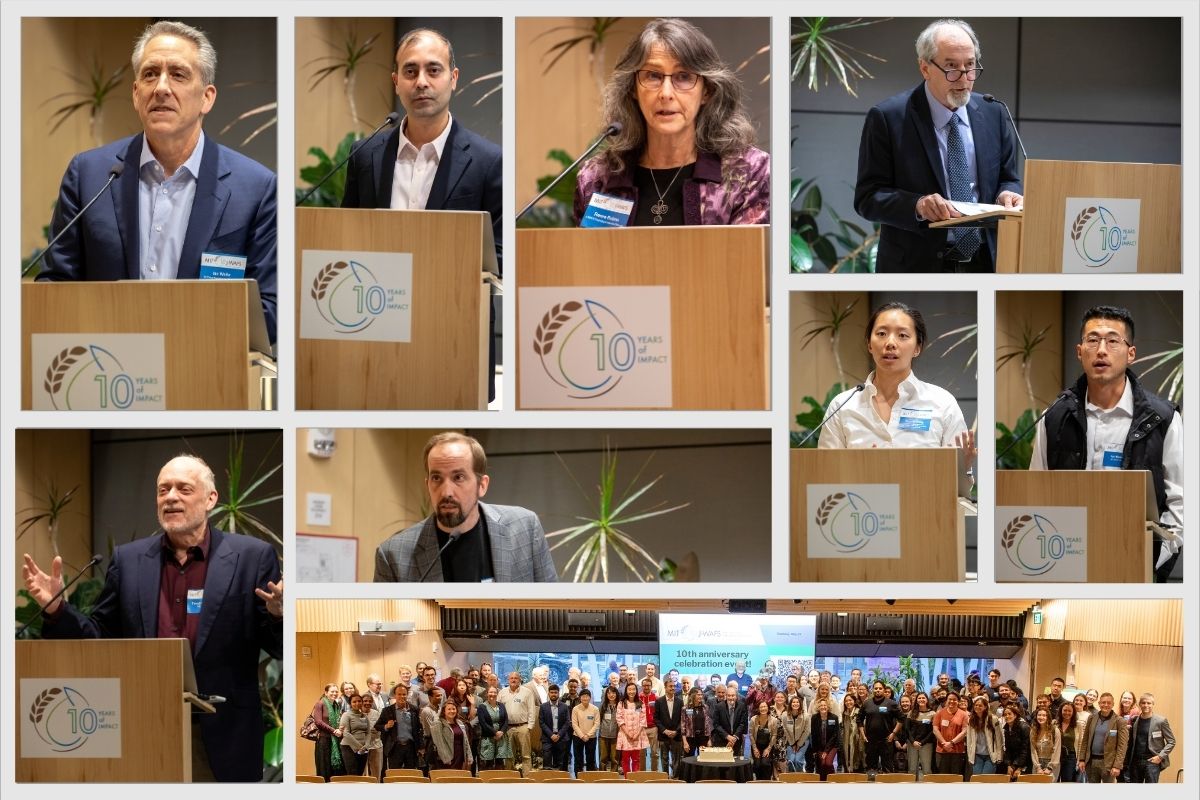 A collage of the 8 different event speakers speaking at a podium with a J-WAFS logo and one photo of the full group of attendees