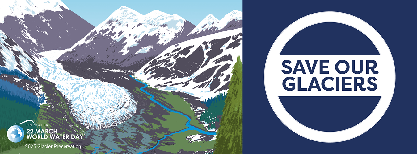 A glacial landscape next to a blue logo that reads save our glaciers