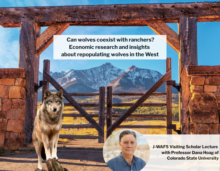 A large gate on a ranch in Colorado with mountains in the background and a wolf perched standing outside the gate, insert of Dana Hoag's headshot