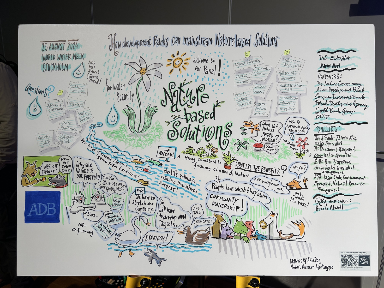 A poster that is titled, "How development banks can mainstream nature-based solutions," with text and brightly colored drawings of plants and animals