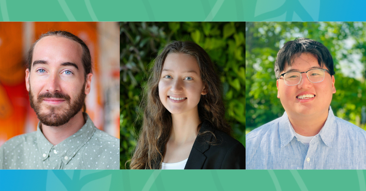 Three portraits of three individuals side-by-side with two blue-green borders on the top and bottom