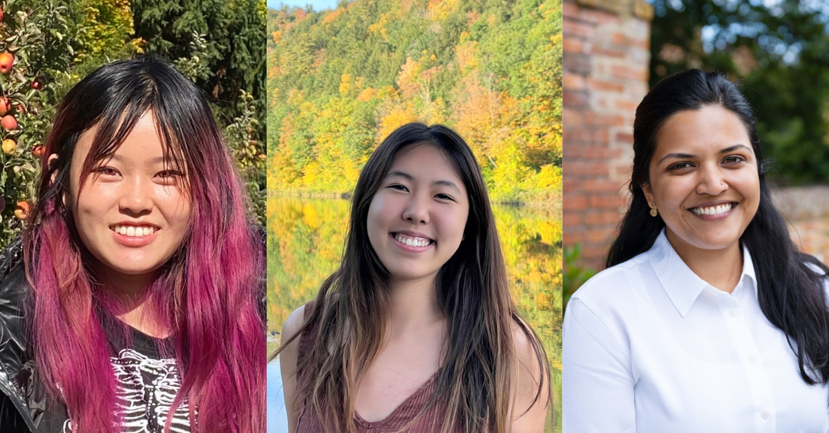 Three portraits side-by-side of this year's J-WAFS Fellows Victoria Chen, Adela Chenyang Li, and Mrinalini (Mrin) Penumaka.