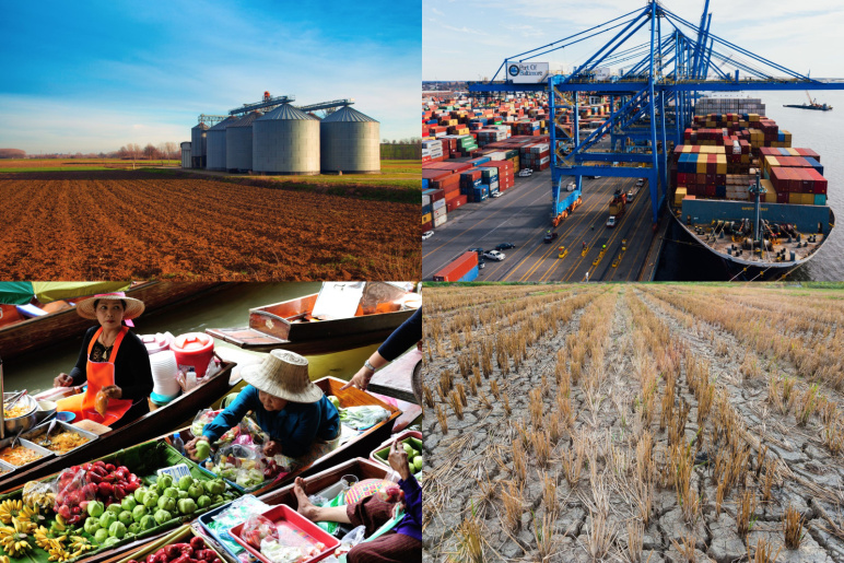 This is a collage of four images: the first image on the top left displays a large agricultural field with large silos, the second image on the bottom left displays local vendors selling crops, the third image on the top right shows large cranes in a shipping yard, and finally the fourth image on the bottom right highlights dry soil with crops growing.