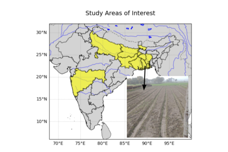 A map of India, with regions highlighted in yellow to indicate the study's area of interest.