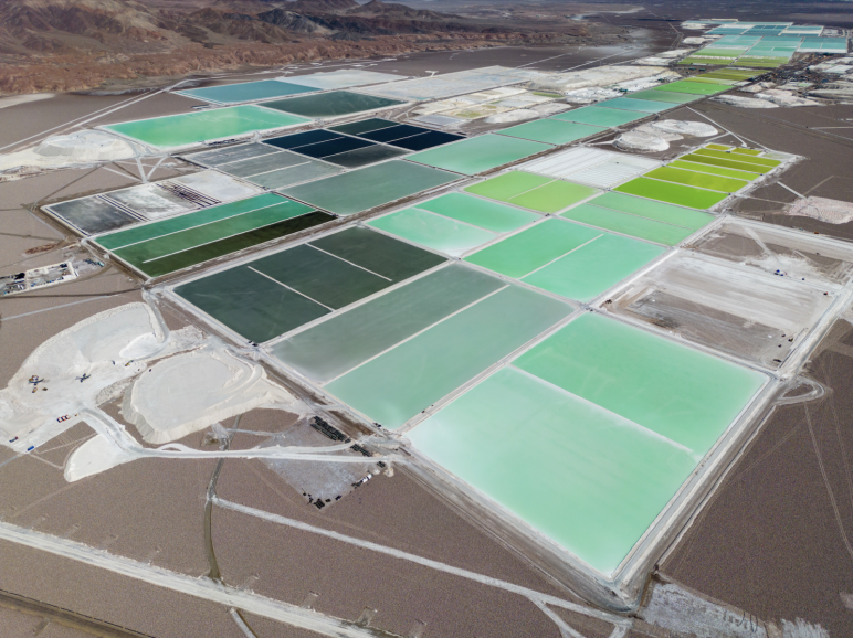 Lithium-rich brine evaporation ponds in the Atacama Desert, Chile