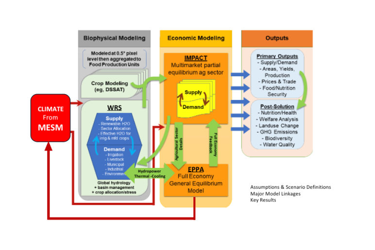 A diagram outlines the interconnection between biophysical and economic modeling with climate impact, depicting various systems and their outputs.