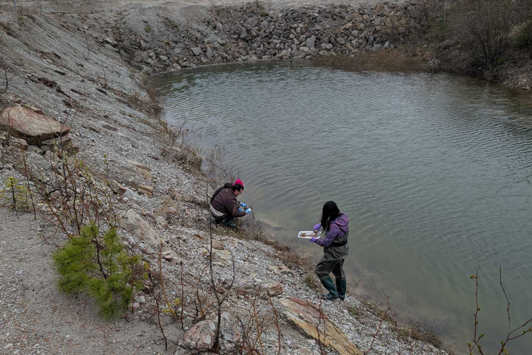 Three people collect soil samples from a mining ditch that has filled with water