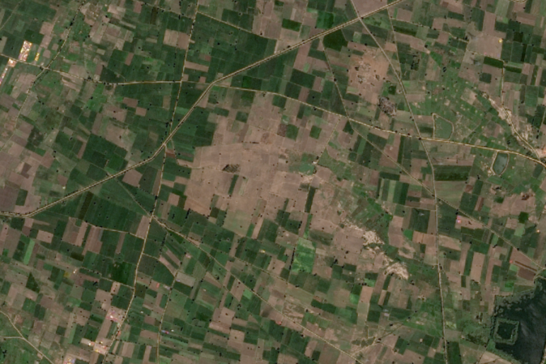 A satellite view of a rural landscape with varied shades of green indicating different agricultural fields.