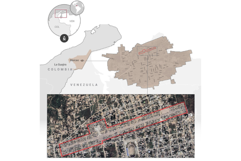 The map and satellite imagery provide a detailed view of Maicao in Colombia, highlighting a specific area in the town with marked boundaries.