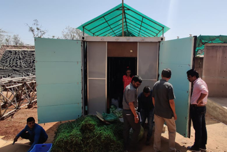 People standing outside of a shipping container with produce