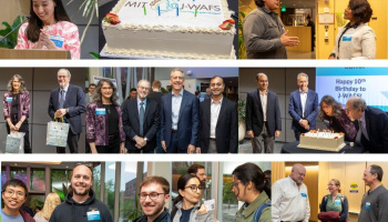 A collage of candid and staged photos from the event, featuring speakers, a cake, and attendeesith a J-WAFS logo and one photo  of the full group of attendees