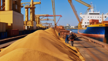 A large freighter ship docked next to another one with a pier full of grain in between them