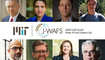 Headshots of the 8 2022 J-WAFS Seed Grant Recipients and J-WAFS logo