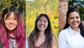 Three portraits side-by-side of this year's J-WAFS Fellows Victoria Chen, Adela Chenyang Li, and Mrinalini (Mrin) Penumaka. 