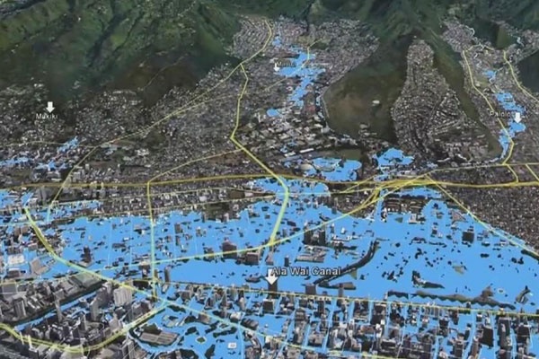 An Army Coprs of Engineers flood model depicting the Ala Wai watershed after a 100-year rain event.