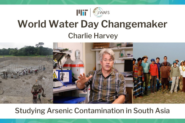Professor Charlie Harvey, mid sentence, in his lab with equipment and a computer in the background, in the middle of a photo of working in Bangladesh, and another photo of the whole team in Bangladesh