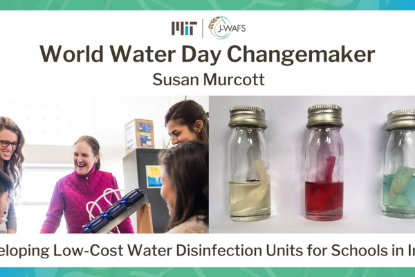 Susan Murcott laughing in a lab with a group of students and another photo of vials of colored water