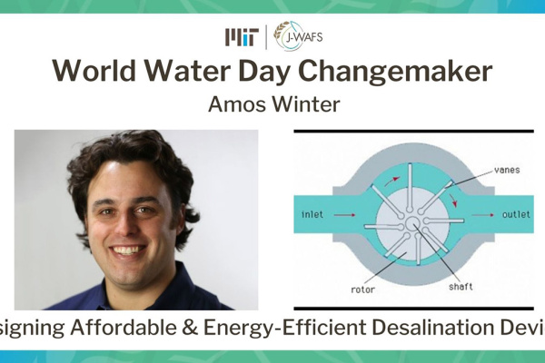 Headshot of Amos Winter and a drawing of his pump mechanism for reverse osmosis