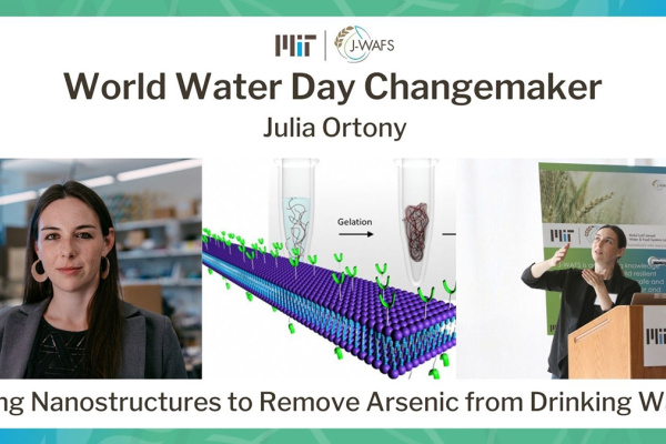 Headshot of Julia Ortony alongside a rendering of her nanofiber technology, and another photo of her speaking at a podium at a J-WAFS conference