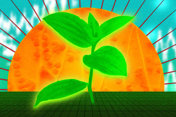 A green plant sprouting from the ground in front of the sun