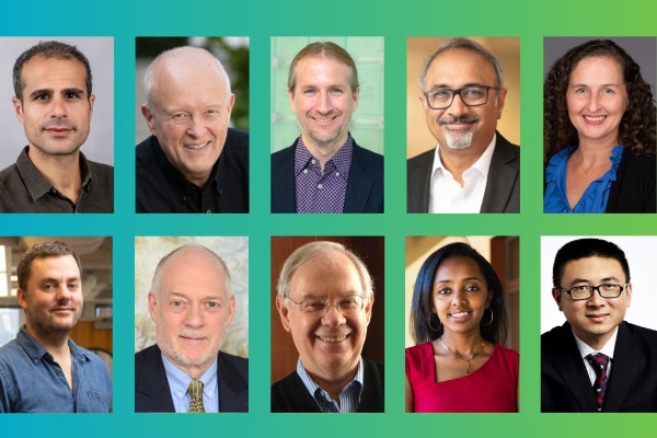 A collage of 10 headshots of people in two rows of five with a ombre blue to green background