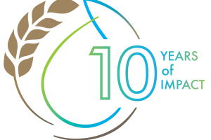 The icon from the J-WAFS anniversary logo featuring our signature swirl of wheat intertwined with a water drop and the number 10 with the words years of impact