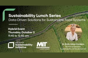 An event poster for MIT Sloan Sustainability Initiative's "Data-Driven Solutions for Sustainable Food Systems", which is scheduled for October 3, 2024 from 11:45 a.m. to 12:45 p.m. ET.