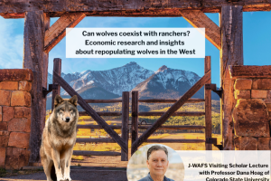 A large gate on a ranch in Colorado with mountains in the background and a wolf perched standing outside the gate, insert of Dana Hoag's headshot