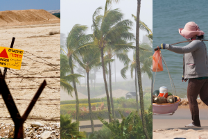 Three side-by-side images of a desert with a sign that says land mines, a tropical storm blowing palm trees, and a person walking on a beach carrying a large stick that is supporting to baskets of food on either side