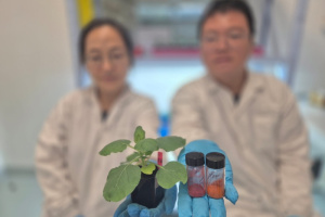 Two out-of-focus scientists in a lab. One holds up a small potted plant; the other, two small glass vials containing powder in different shades of red