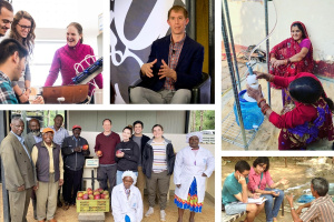 A collage of five pictures showing Susan Murcott in the lab laughing with students; Brendan Smith speaking on a panel; women in rural India using a water filtration device; Eric Verploegen and some students smiling with local a community in Kenya, holding fruits; and  researchers taking notes, speaking with a man in India.