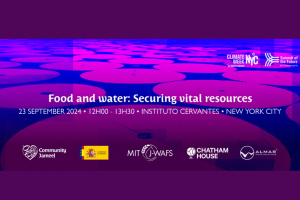 An event poster for an event at the 79th session of the UN General Assembly titled, “Food and water: Securing vital resources,” which is scheduled for September 23, 2024