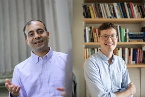 Two images spliced together. On the left, a man is talking, using his hands for emphasis. On the right, a man is posed smiling in front of a bookcase