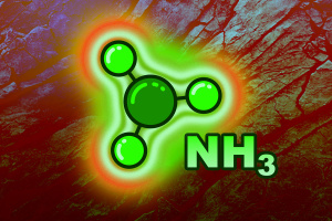A green ammonia molecule displayed prominently against a red background with big green letters spelling out "NH3". 