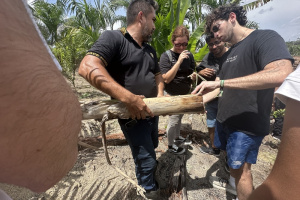A group of people is gathered outdoors in a tropical setting with palm trees in the background
