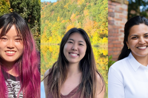 Three portraits side-by-side of this year's J-WAFS Fellows Victoria Chen, Adela Chenyang Li, and Mrinalini (Mrin) Penumaka. 