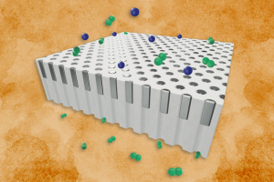 Schematic illustration of the membrane showing selective permeation of hydrogen (green) from a mixture of hydrogen and helium (blue) gases