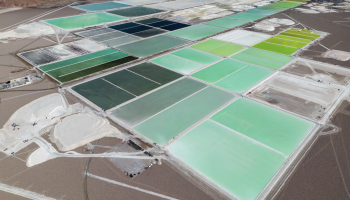 Lithium-rich brine evaporation ponds in the Atacama Desert, Chile