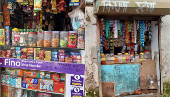 Two images of small markets side-by-side. 