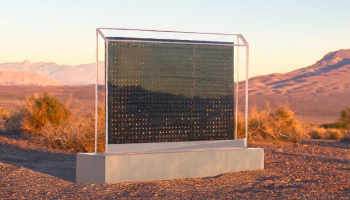 A gray rectangular object in the desert