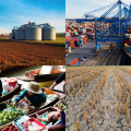Four picture collage of grain silos on a farm, a large cargo ship in a port, Asian women in boats with food at a floating market, and an arid farm with dried up crops.
