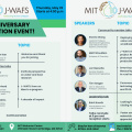 Agenda for the event with small circular photos of each speaker and the topic of their speech, branded with the J-WAFS 10 year anniversary logo and colors