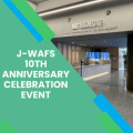 A square graphic for with the text J-WAFS 10th anniversary event and a picture of the MIT Welcome Center Lobby in the top right corner