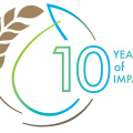 The J-WAFS 10 year anniversary logo with swirling wheat, a water droplet and text that reads 10 years of impact