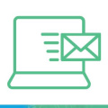 A cartoon icon in green of a laptop with a small envelope on the screen