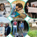 A group of six different photos in circular bubbles of students working in labs, a woman carrying a water bucket on her shoulder in India, three students at a water conference wearing badges, two students with a desalination device on a pier, and a group of students holding large cardboard checks