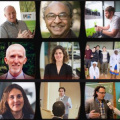 grid collage featuring researcher headshots; pics of researchers giving presentations, working with students, and working with people in the field