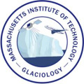 A circular logo of the Massachusetts Institute of Technology Glaciology group, which features a glacier, a satellite, and an airplane